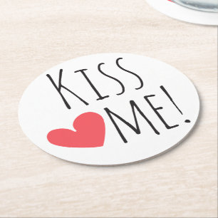 Kiss Me Love Quote Red Heart Wedding Engagement Round Paper Coaster