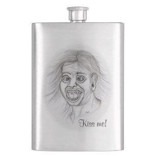 Kiss me! Pencil drawing black and white Design Hip Flask
