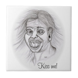 Kiss me! Pencil drawing black and white Design Tile