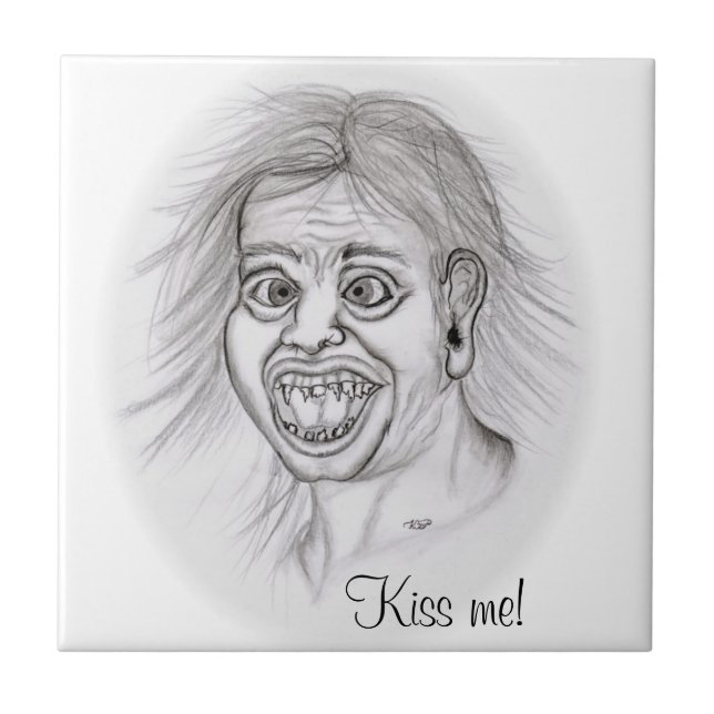 Kiss me! Pencil drawing black and white Design Tile (Front)
