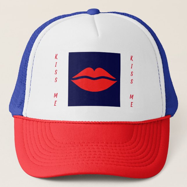 KISS ME RED WHITE AND BLUE TRUCKER HAT (Front)