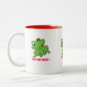 Kiss me twice! Cute frog design coffee mug. Two-Tone Coffee Mug