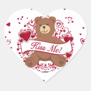 Kiss Me! Valentine's Day Teddy Bear Heart Sticker