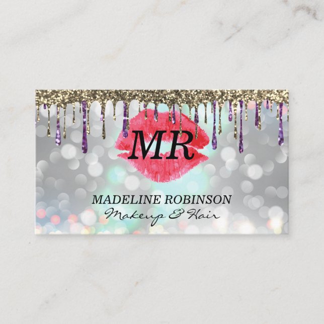 Kiss & Monogram | Glitter Gold Purple | Boke Appointment Card (Front)