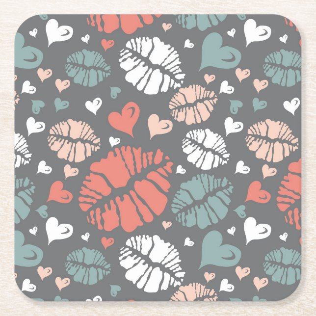 Kiss Print And Heart Pattern Square Paper Coaster (Front)