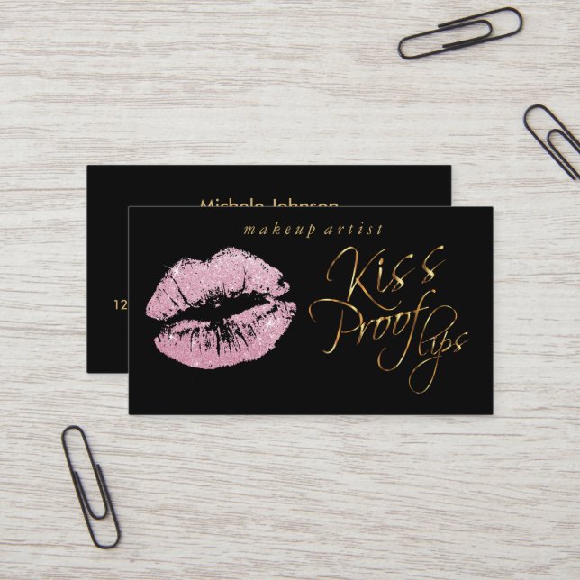 Kiss Proof Lips - Pink Glitter and Elegant Gold Business Card (Front/Back In Situ)