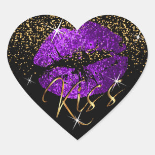 Kiss Purple and Gold Glitter Lips Heart Sticker
