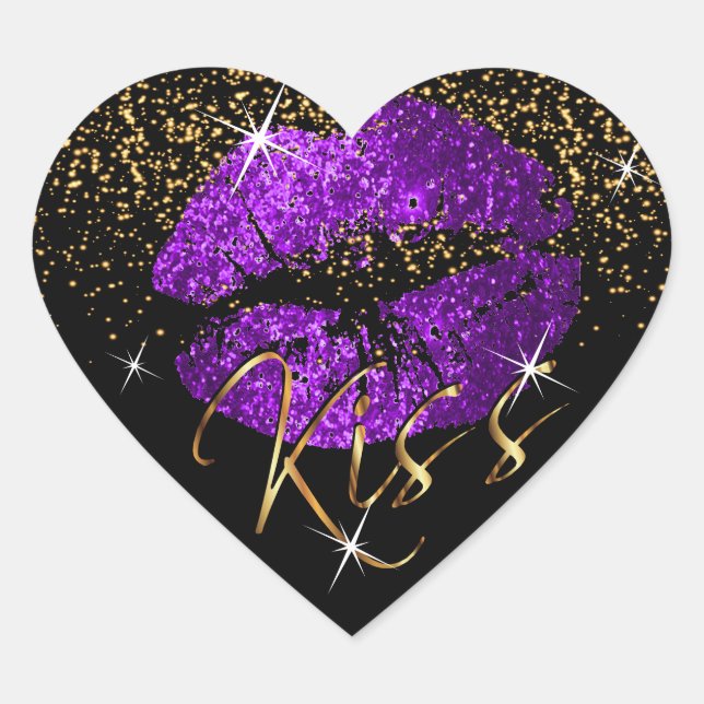 Kiss Purple and Gold Glitter Lips Heart Sticker (Front)