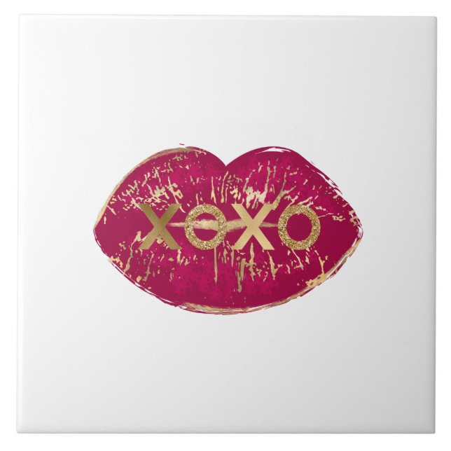 Kiss Red Lips Gold Glitter XOXO Ceramic Tile (Front)