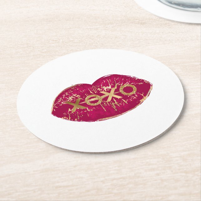 Kiss Red Lips Gold Glitter XOXO Round Paper Coaster (Angled)