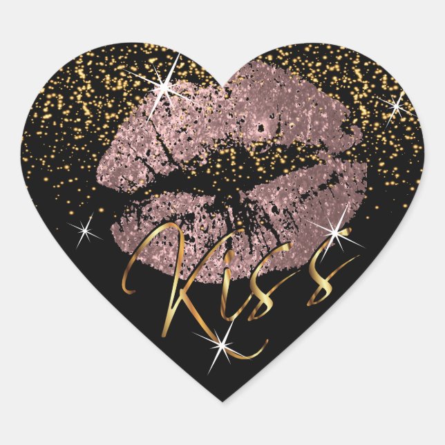 Kiss Rose Gold and Gold Glitter Lips Heart Sticker (Front)