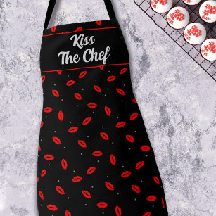 Kiss the Chef Red Lip Print Lipstick Black Apron