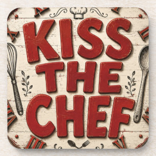 Kiss the Chef Rustic Farmhouse Kitchen Coaster