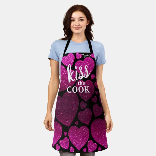 Kiss The Cook Food Chef Kitchen BBQ Baker Glitter Apron (Worn)