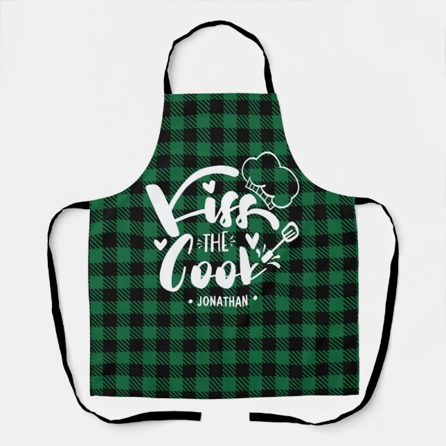 Kiss the Cook Funny Green Plaid Kitchen Apron (Front)