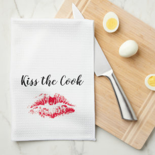 Kiss the Cook Funny Quote White Red Valentines Day Tea Towel
