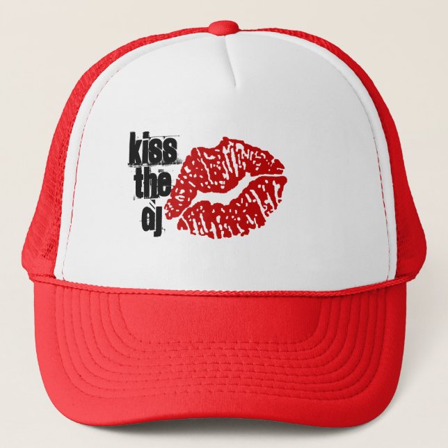 KISS THE DJ RED/WHITE TRUCKER HAT (Front)