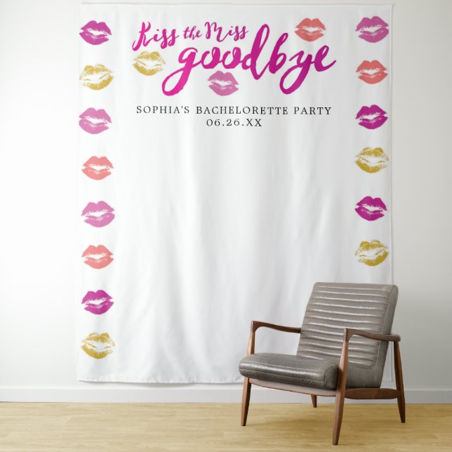 Kiss The Miss Goodbye Bachelorette Party Backdrop Tapestry (In Situ)
