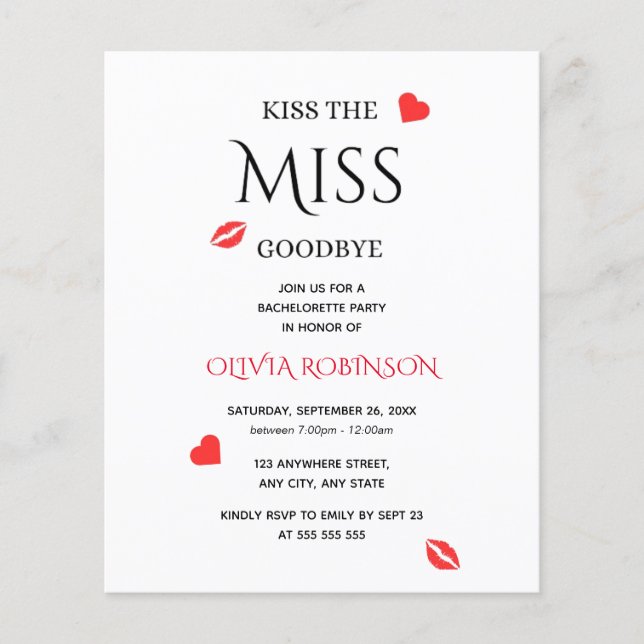 Kiss the Miss Goodbye Bachelorette Party Invite (Front)