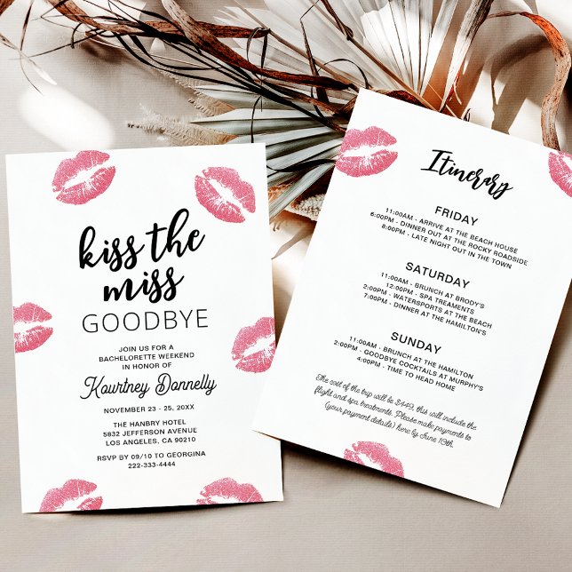 Kiss The Miss Goodbye Bachelorette Weekend Invitation (Creator Uploaded)