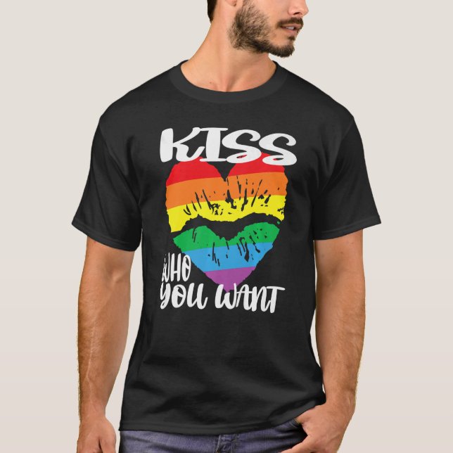 kiss who you want rainbow mouth in heart shape T-Shirt (Front)