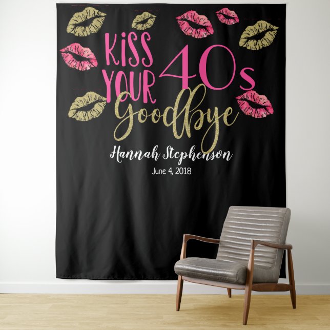 kiss your 40s goodbye 50th birthday photo prop tapestry (In Situ)