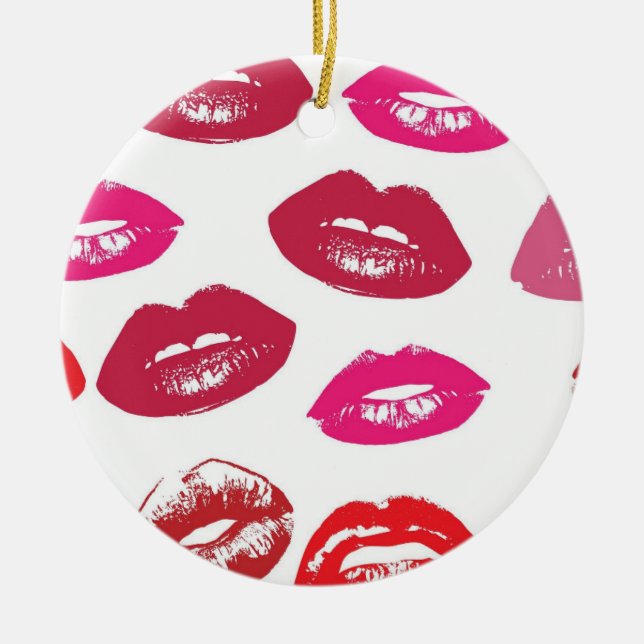 Kissable Lips (Kissing Lips, Red & Pink Lipstick) Ceramic Ornament (Front)