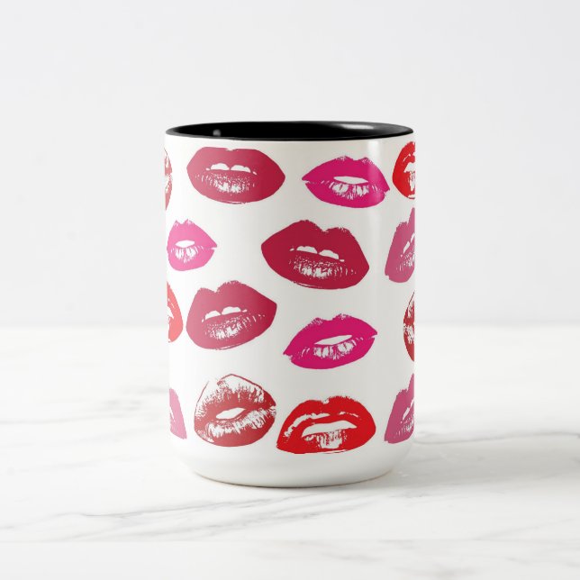 Kissable Lips (Kissing Lips, Red & Pink Lipstick) Two-Tone Coffee Mug (Center)