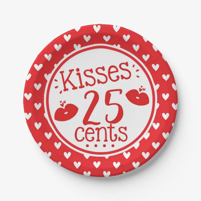Kisses 25 cents Valentines Kids Hearts Party Paper Plate (Front)