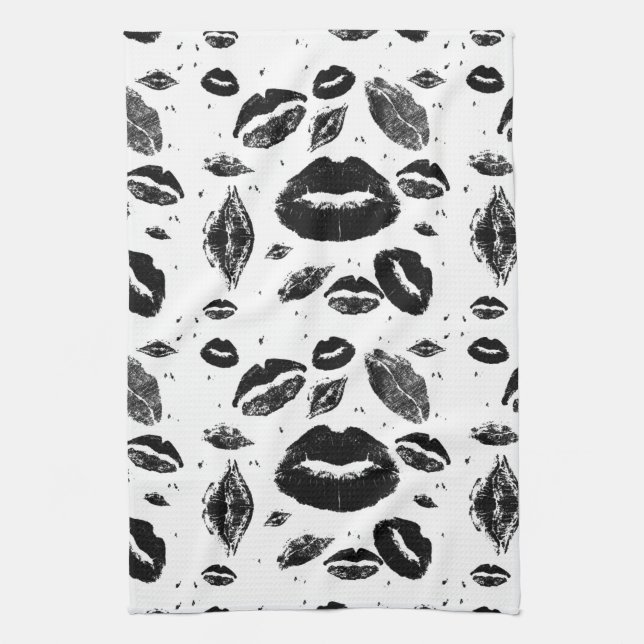Kisses All Over (Black & White) Tea Towel (Vertical)