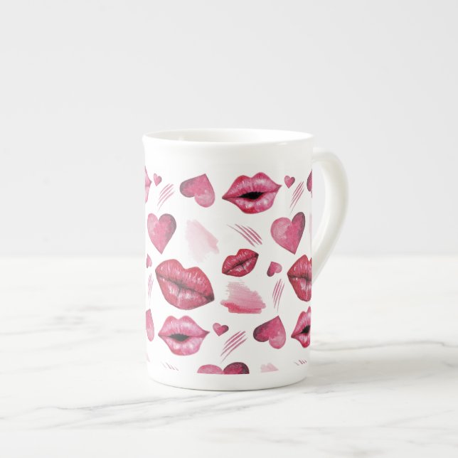 Kisses And Hearts Pattern Watercolor Bone China Mug (Front Right)
