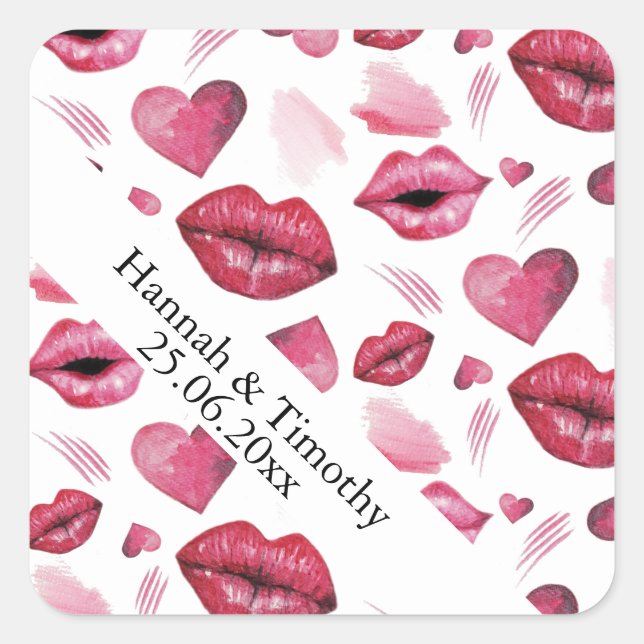 Kisses And Hearts Pattern Watercolor Square Sticker (Front)