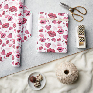 Kisses And Hearts Pattern Watercolor Wrapping Paper