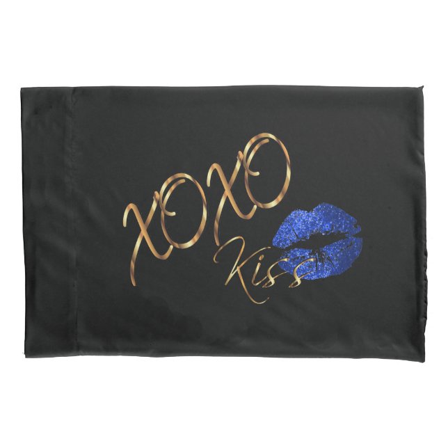 Kisses and Hugs Blue Glitter Lips Pillowcase (Front)