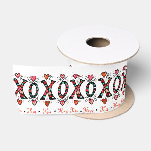 Kisses and Hugs doodle art Valentine Satin Ribbon