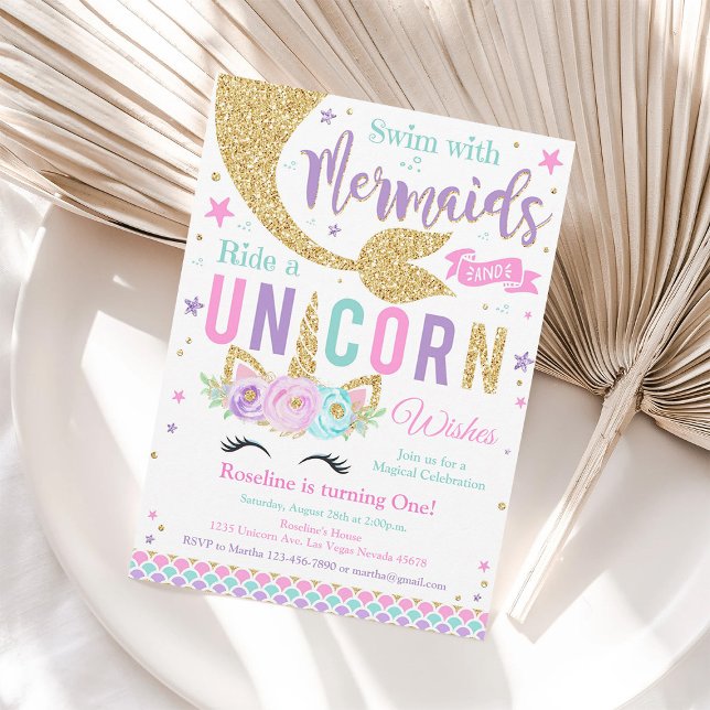 Kisses and Unicorn Wishes Unicorn Mermaid Birthday Invitation (Creator Uploaded)