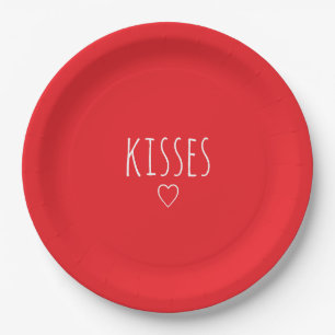'Kisses' Bold Romantic Red White Valentine's Day Paper Plate