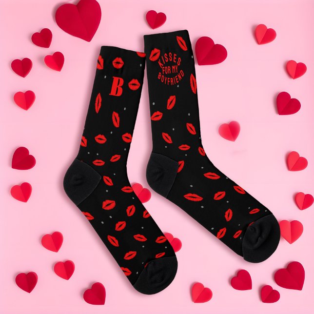 Kisses for Boyfriend Red Lipstick Black Socks (Kisses for your boyfriend (or girlfriend) Just add your initial to these cute lipstick kisses socks)