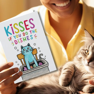 Kisses if you do the dishes cute cat washing up holiday card