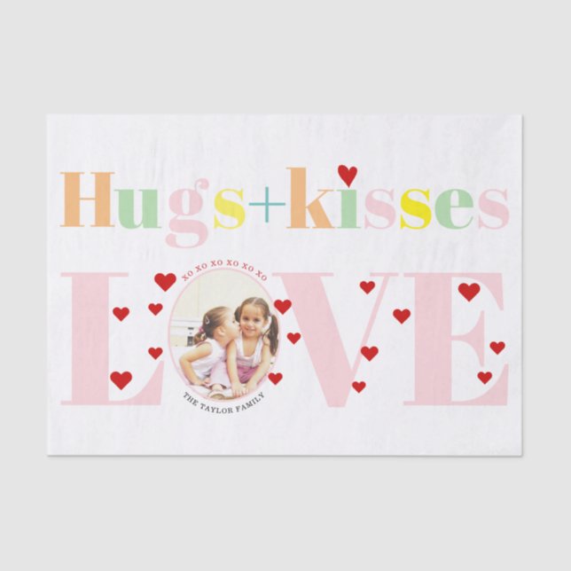 Kisses, love, hugs typography photo Valentines Day Tissue Paper (Front)