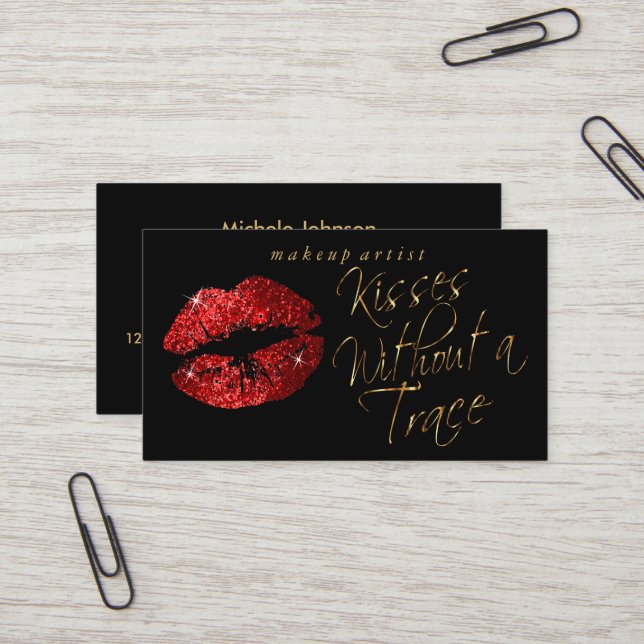 Kisses - Red Glitter and Elegant Gold Business Card (Front/Back In Situ)