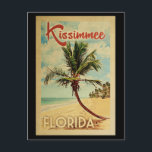 Kissimmee Palm Tree Vintage Travel Postcard<br><div class="desc">A uniquely retro mid-century modern Kissimmee Florida art print in vintage travel poster style. It features a curved palm tree on sandy beach with ocean under a blue cloudy sky.</div>
