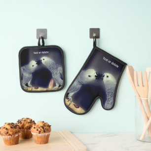 Kissing African Grey Parrots Personalised Oven Mitt & Pot Holder Set