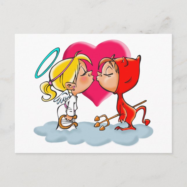 KISSING ANGEL AND DEVIL POSTCARD (Front)