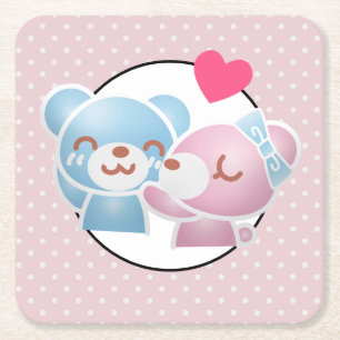 Kissing Bears Cute and Kawaii Square Paper Coaster