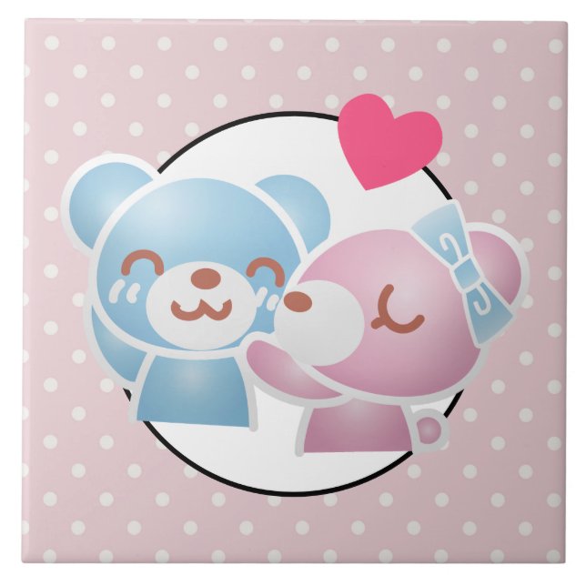KIssing Bears on Polka Dots Cute and Kawaii Ceramic Tile (Front)