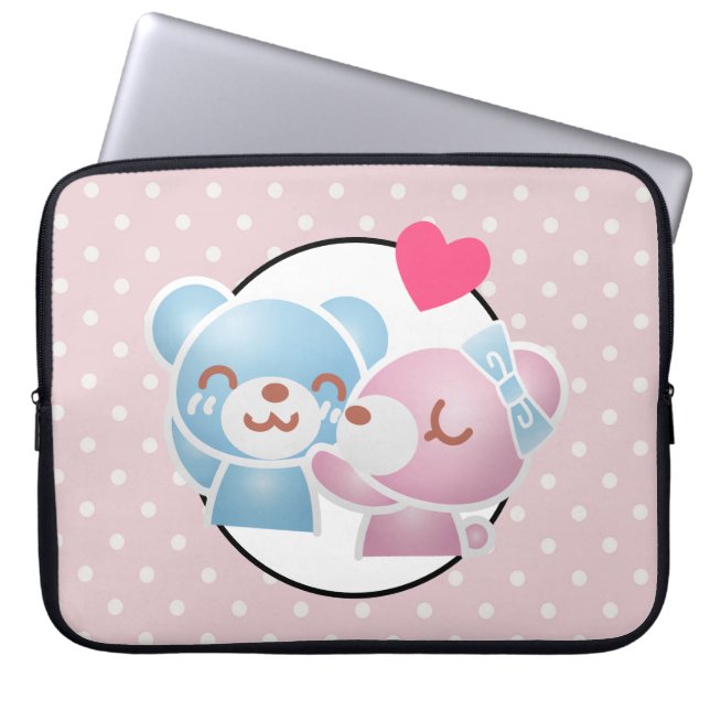 KIssing Bears on Polka Dots Cute and Kawaii Laptop Sleeve (Front)