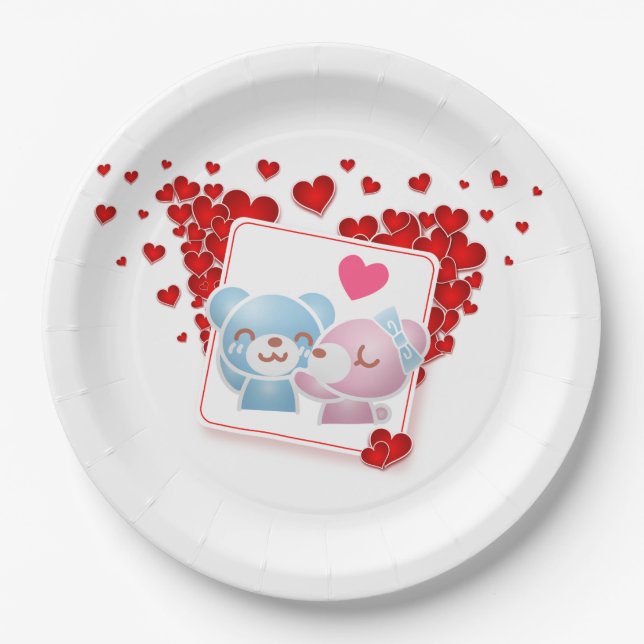 Kissing bears with Love Hearts All Around Paper Plate (Front)