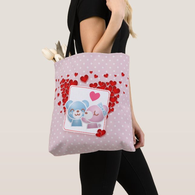 Kissing bears with Love Hearts All Around Tote Bag (Close Up)