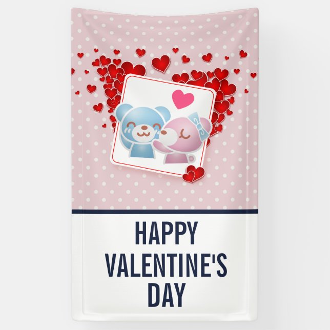 Kissing bears with Red Hearts Valentine's Banner (Vertical)